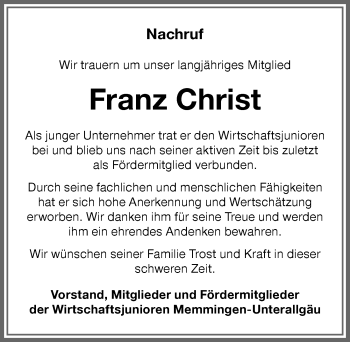 Traueranzeige von Franz Christ von Memminger Zeitung