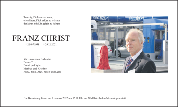 Traueranzeige von Franz Christ von Memminger Zeitung