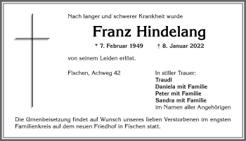 Traueranzeige von Franz Hindelang von Allgäuer Anzeigeblatt