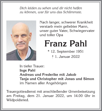 Traueranzeige von Franz Pahl von Allgäuer Zeitung,Kempten