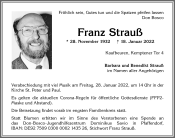Traueranzeige von Franz Strauß von Allgäuer Zeitung, Kaufbeuren/Buchloe