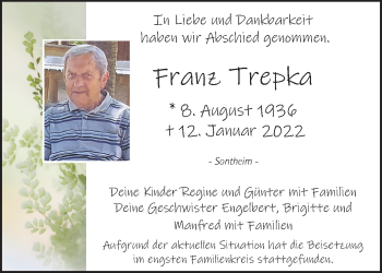 Traueranzeige von Franz Trepka von Memminger Zeitung