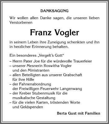 Traueranzeige von Franz Vogler von Allgäuer Anzeigeblatt