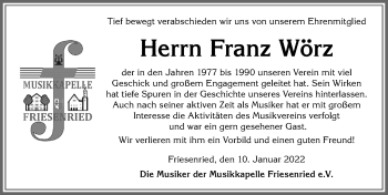Traueranzeige von Franz Wörz von Allgäuer Zeitung, Kaufbeuren/Buchloe