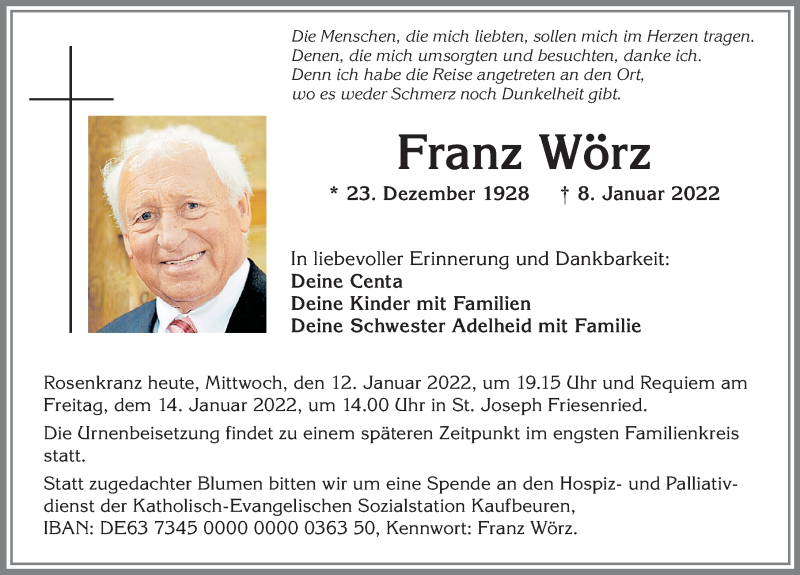  Traueranzeige für Franz Wörz vom 12.01.2022 aus Allgäuer Zeitung, Kaufbeuren/Buchloe