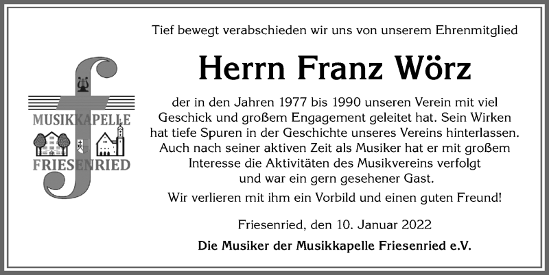  Traueranzeige für Franz Wörz vom 13.01.2022 aus Allgäuer Zeitung, Kaufbeuren/Buchloe