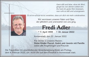 Traueranzeige von Fredi Adler von Allgäuer Anzeigeblatt