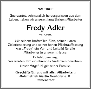 Traueranzeige von Fredy Adler von Allgäuer Anzeigeblatt