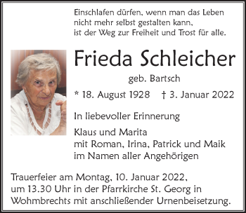 Traueranzeige von Frieda Schleicher von Der Westallgäuer