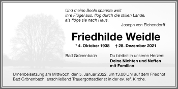 Traueranzeige von Friedhilde Weidle von Memminger Zeitung
