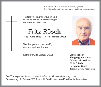Traueranzeige von Fritz Rösch von Allgäuer Anzeigeblatt