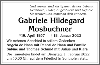 Traueranzeige von Gabriele Hildegard Mosbuchner von Allgäuer Anzeigeblatt