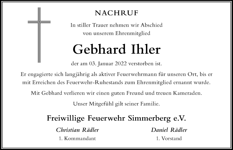  Traueranzeige für Gebhard Ihler vom 13.01.2022 aus Der Westallgäuer