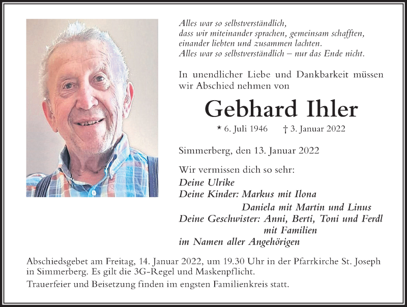  Traueranzeige für Gebhard Ihler vom 13.01.2022 aus Der Westallgäuer
