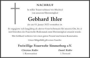 Traueranzeige von Gebhard Ihler von Der Westallgäuer