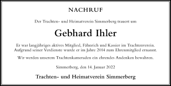 Traueranzeige von Gebhard Ihler von Der Westallgäuer