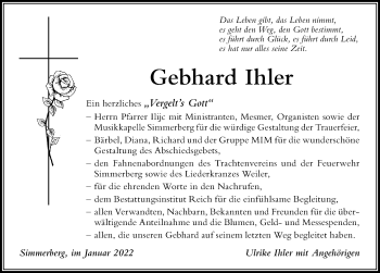 Traueranzeige von Gebhard Ihler von Der Westallgäuer