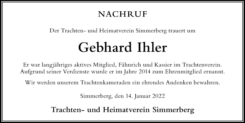  Traueranzeige für Gebhard Ihler vom 14.01.2022 aus Der Westallgäuer