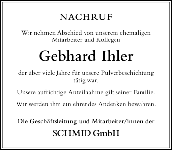 Traueranzeige von Gebhard Ihler von Der Westallgäuer