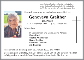 Traueranzeige von Genoveva Greither von Allgäuer Zeitung,Kempten