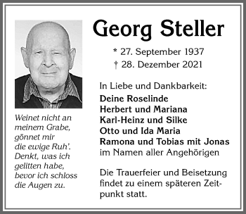 Traueranzeige von Georg Steller von Allgäuer Zeitung,Kempten