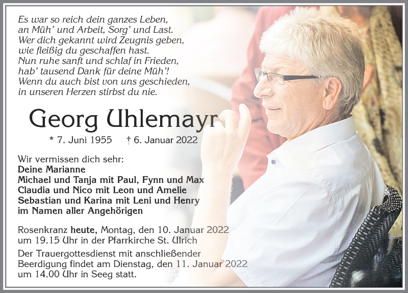  Traueranzeige für Georg Uhlemayr vom 10.01.2022 aus Allgäuer Zeitung, Füssen