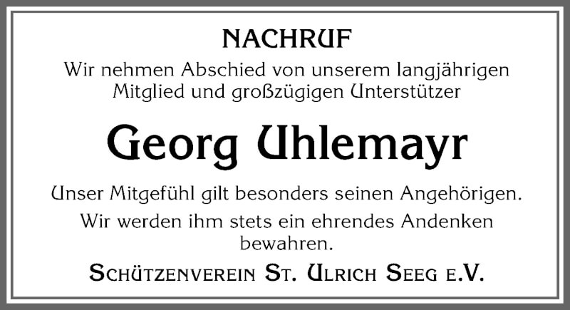 Traueranzeige für Georg Uhlemayr vom 15.01.2022 aus Allgäuer Zeitung, Füssen