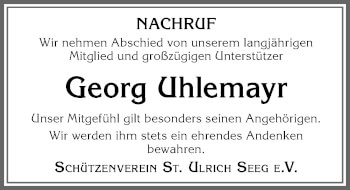 Traueranzeige von Georg Uhlemayr von Allgäuer Zeitung, Füssen