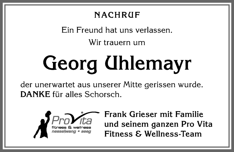  Traueranzeige für Georg Uhlemayr vom 11.01.2022 aus Allgäuer Zeitung, Füssen