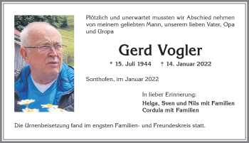 Traueranzeige von Gerd Vogler von Allgäuer Anzeigeblatt