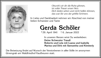 Traueranzeige von Gerda Schöler von Allgäuer Zeitung, Kaufbeuren/Buchloe