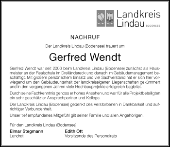 Traueranzeige von Gerfred Wendt von Der Westallgäuer