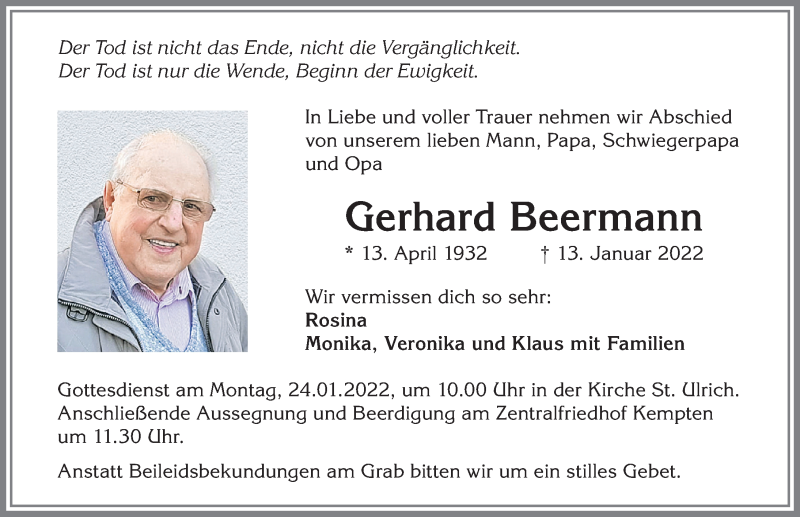  Traueranzeige für Gerhard Beermann vom 20.01.2022 aus Allgäuer Zeitung,Kempten