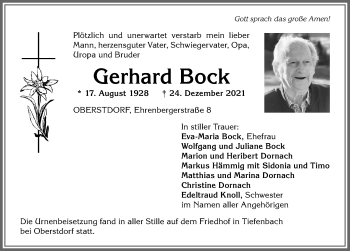 Traueranzeige von Gerhard Bock von Allgäuer Anzeigeblatt