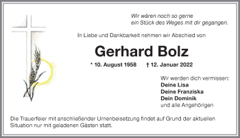 Traueranzeige von Gerhard Bolz von Memminger Zeitung
