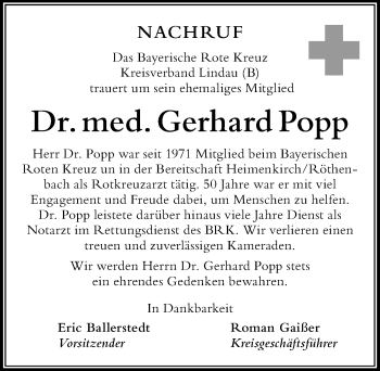 Traueranzeige von Gerhard Popp von Der Westallgäuer