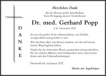 Traueranzeige von Gerhard Popp von Der Westallgäuer