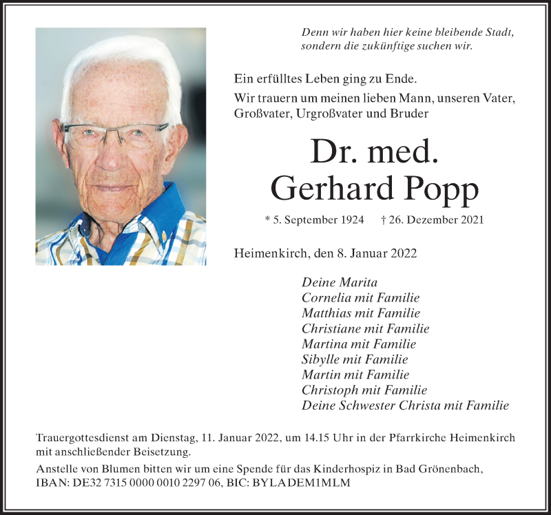  Traueranzeige für Gerhard Popp vom 08.01.2022 aus Der Westallgäuer