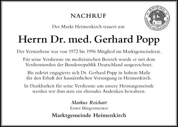 Traueranzeige von Gerhard Popp von Der Westallgäuer