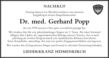Traueranzeige von Gerhard Popp von Der Westallgäuer