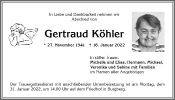 Traueranzeige von Gertraud Köhler von Allgäuer Anzeigeblatt