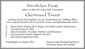 Traueranzeige von Gertraud Traut von Allgäuer Zeitung, Marktoberdorf