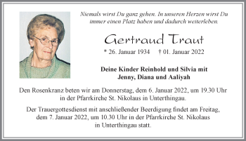 Traueranzeige von Gertraud Traut von Allgäuer Zeitung, Marktoberdorf