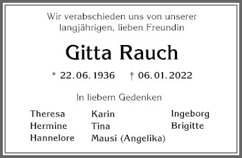Traueranzeige von Gitta Rauch von Allgäuer Zeitung,Kempten