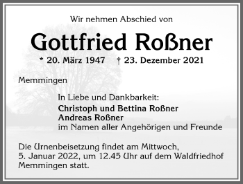 Traueranzeige von Gottfried Roßner von Memminger Zeitung