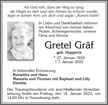 Traueranzeige von Gretel Gräf von Allgäuer Zeitung, Füssen