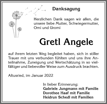 Traueranzeige von Gretl Angele von Allgäuer Zeitung,Kempten