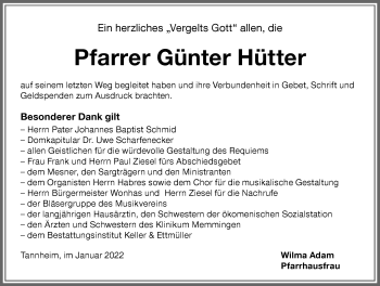 Traueranzeige von Günter Hütter von Memminger Zeitung