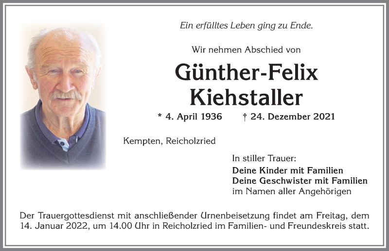  Traueranzeige für Günther-Felix Kiehstaller vom 12.01.2022 aus Allgäuer Zeitung,Kempten