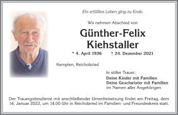 Traueranzeige von Günther-Felix Kiehstaller von Allgäuer Zeitung,Kempten